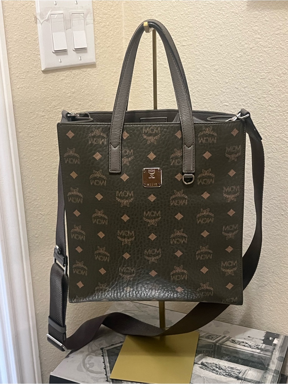 MCM Army Green authentic Logo Canvas Tote Bag with Adjustable Strap
